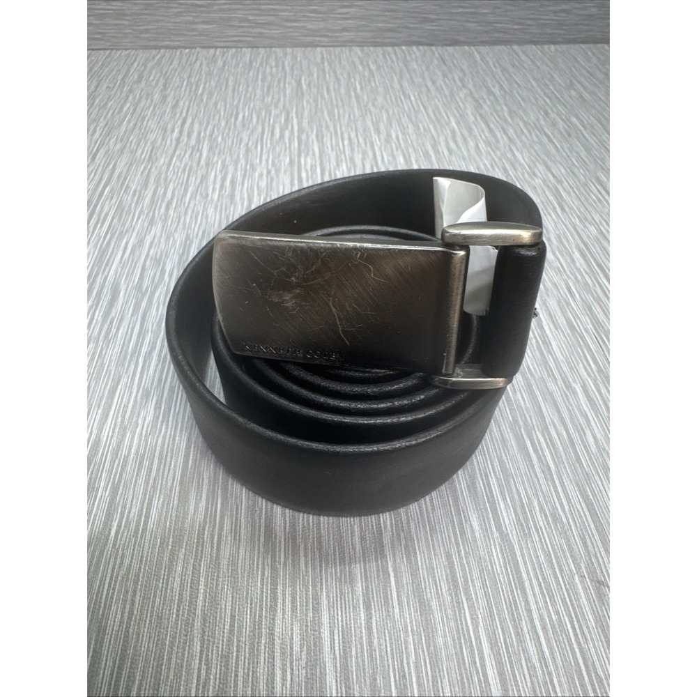 Kenneth Cole Reaction Men's Black Leather Dress Belt 40 Polished Silver Buckle
